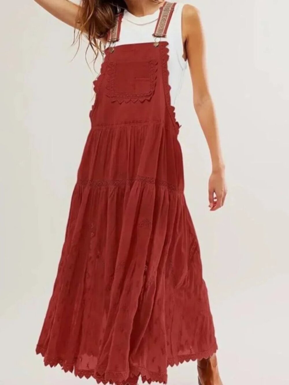 Tiered Pinafore Bib Overall Maxi Dress